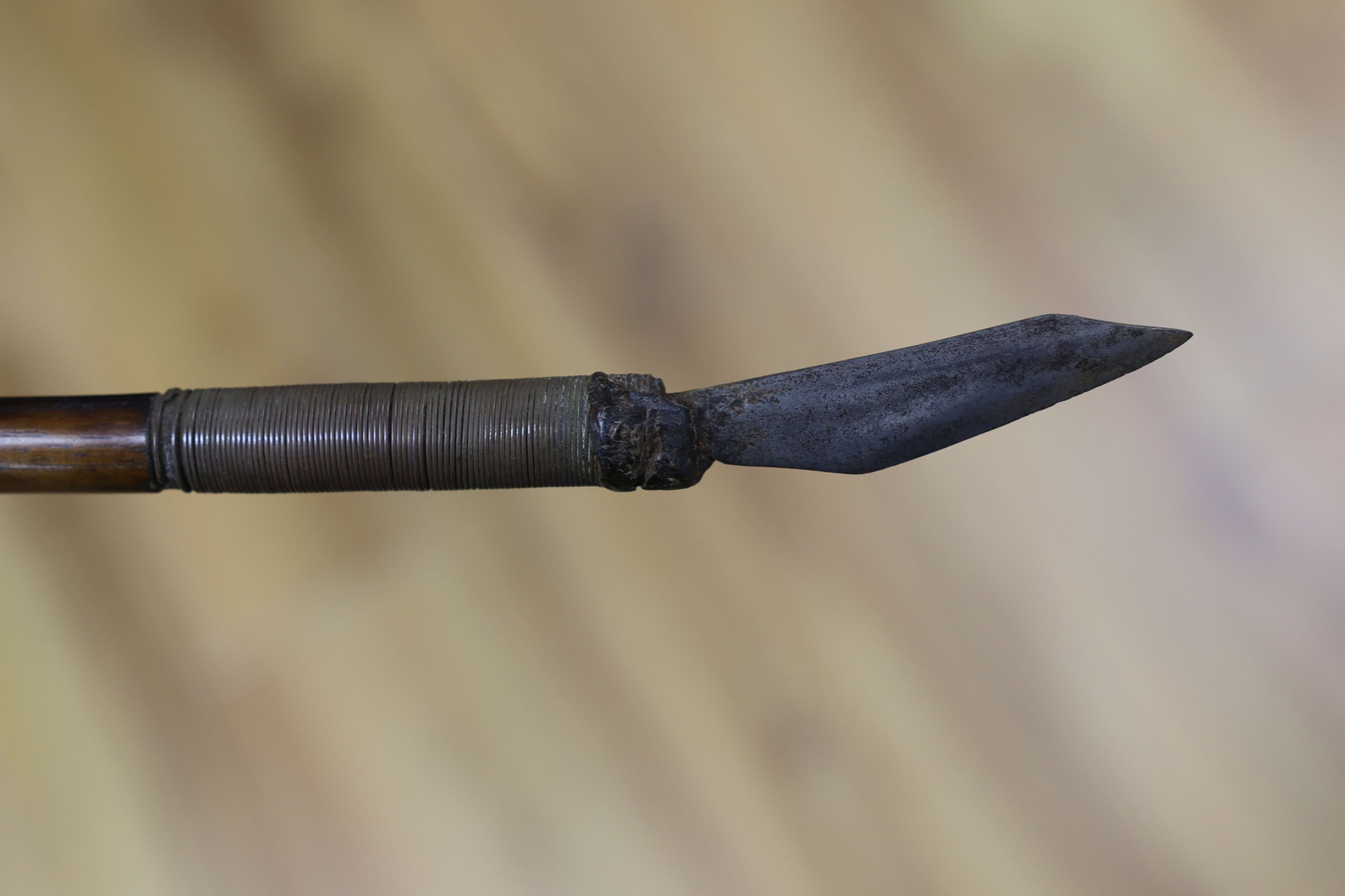 A Borneo 'headhunter's sword', a bone carving and feather swot (3), sword 77 cm long
